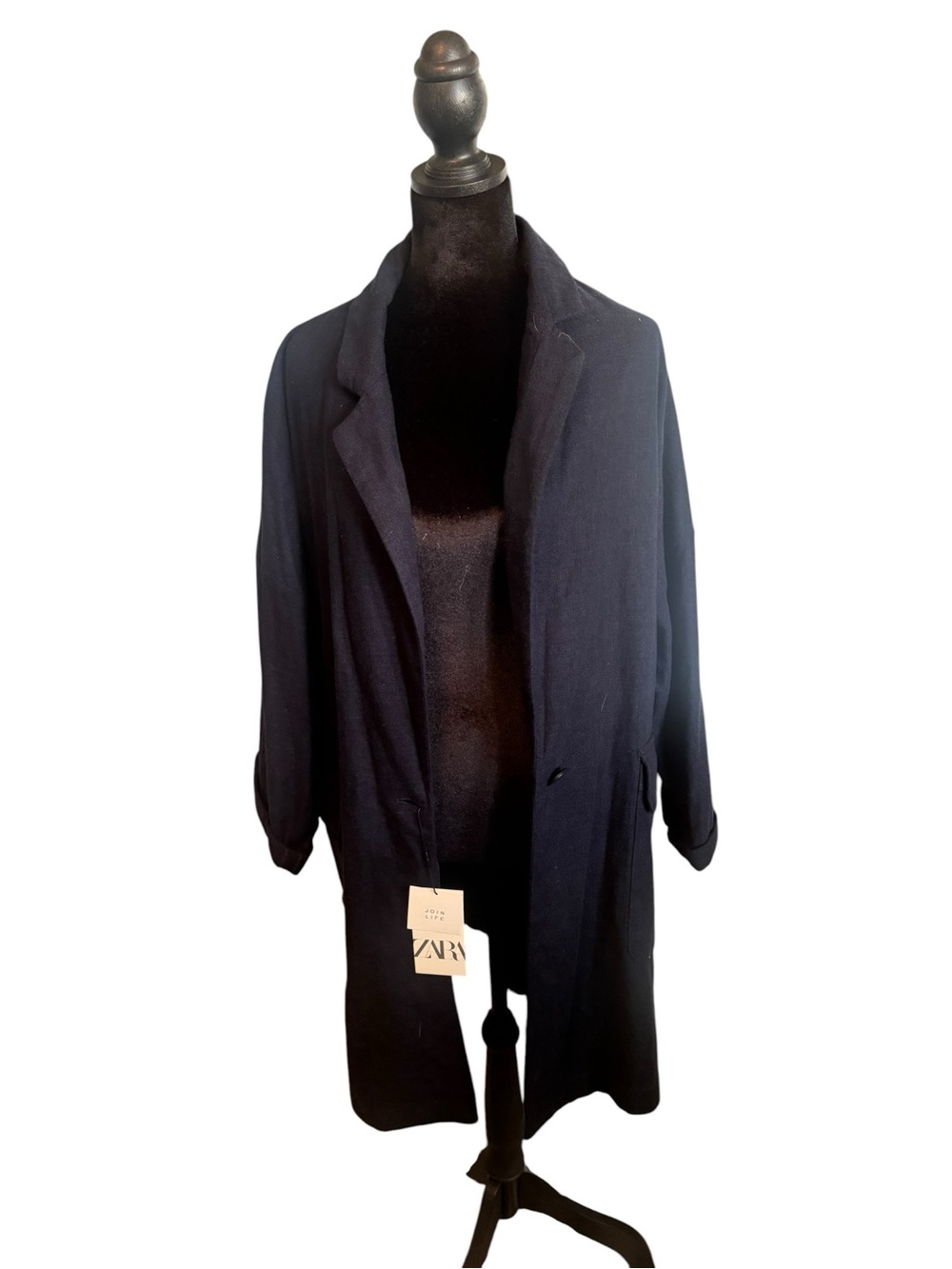 Zara Women's Navy Long Linen Like Blazer NWT